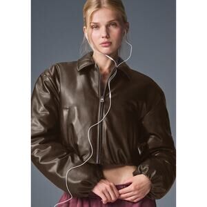 Alo Jacket Faux Leather Cropped Premier Bomber in Espresso Brown Size xs nwt